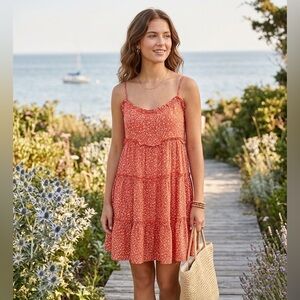 Lulu's Red Orange Calico Print Tiered Ruffled Sundress with Spaghetti Straps